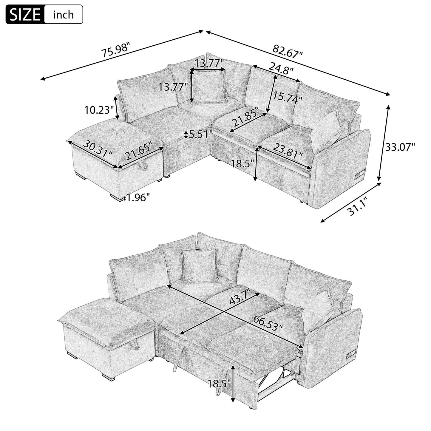 Sleeper sectional sofa L-shaped with storage ottoman and two pillows; two outlets and USB ports on Tampa Home & Garden Store