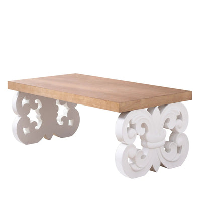 Ornate Scroll Coffee Table by Unique Piece Furniture, natural oak top and white scroll base on Tampa Home & Garden Store