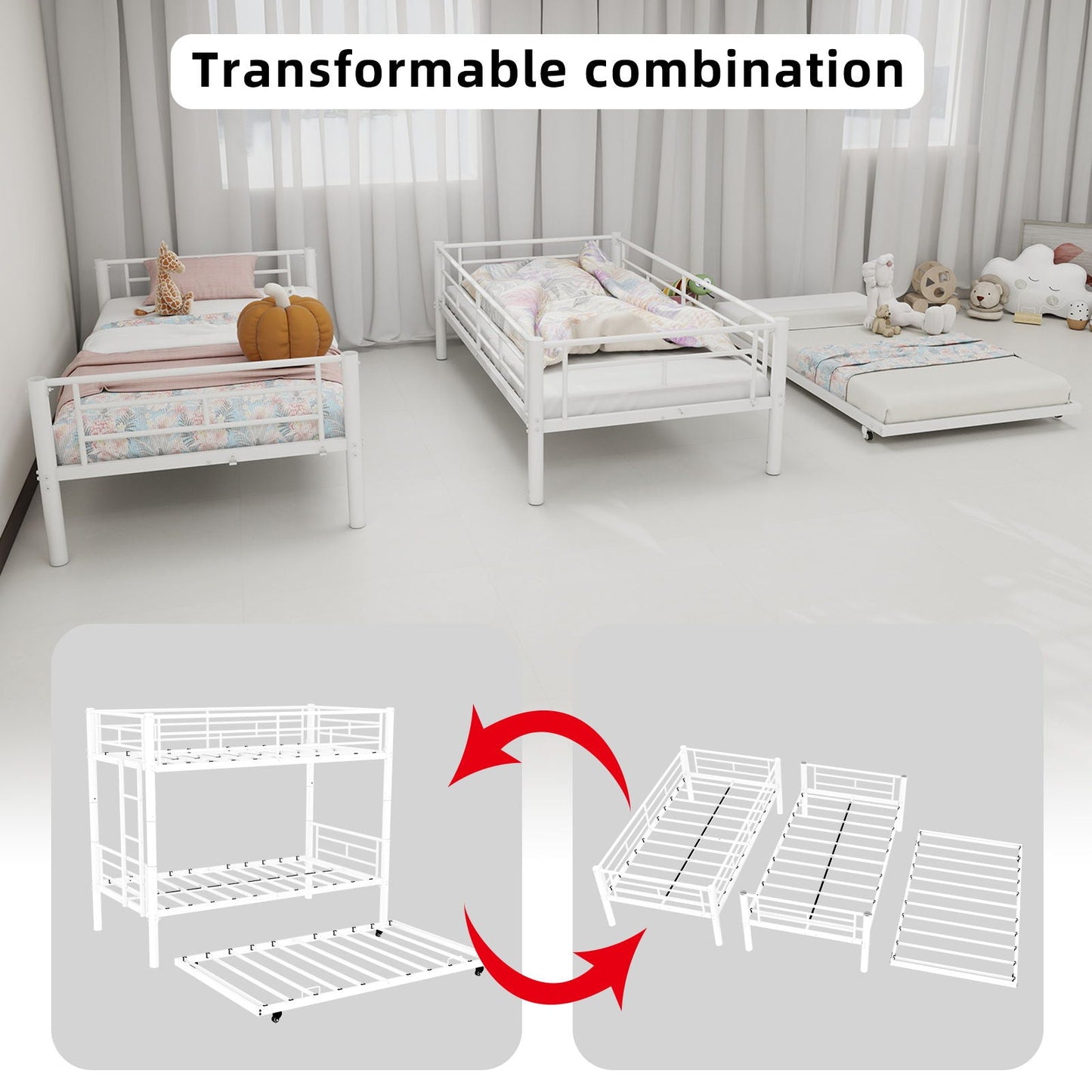 Three-bed kids bunk bed set with ladders and guardrails; by HouseOfZazla; single & bunk options on Tampa Home & Garden Store