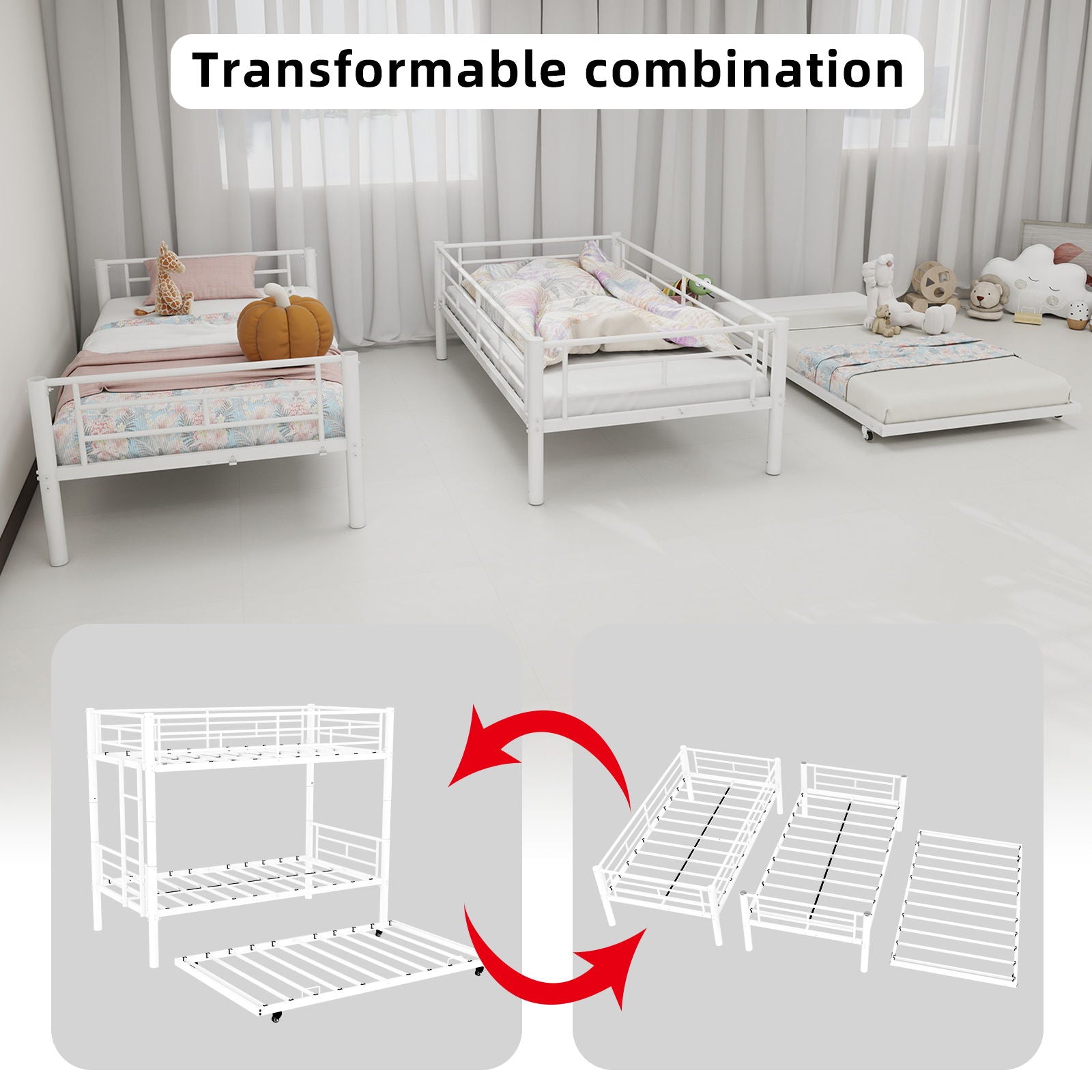 Three-bed kids bunk bed set with ladders and guardrails; by HouseOfZazla; single & bunk options on Tampa Home & Garden Store