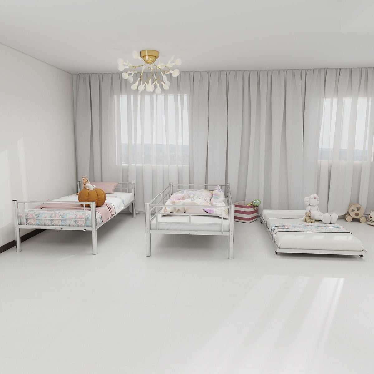 Bunk bed by HouseOfZazla with convertible frame ladders and guardrails white metal finish on Tampa Home & Garden Store
