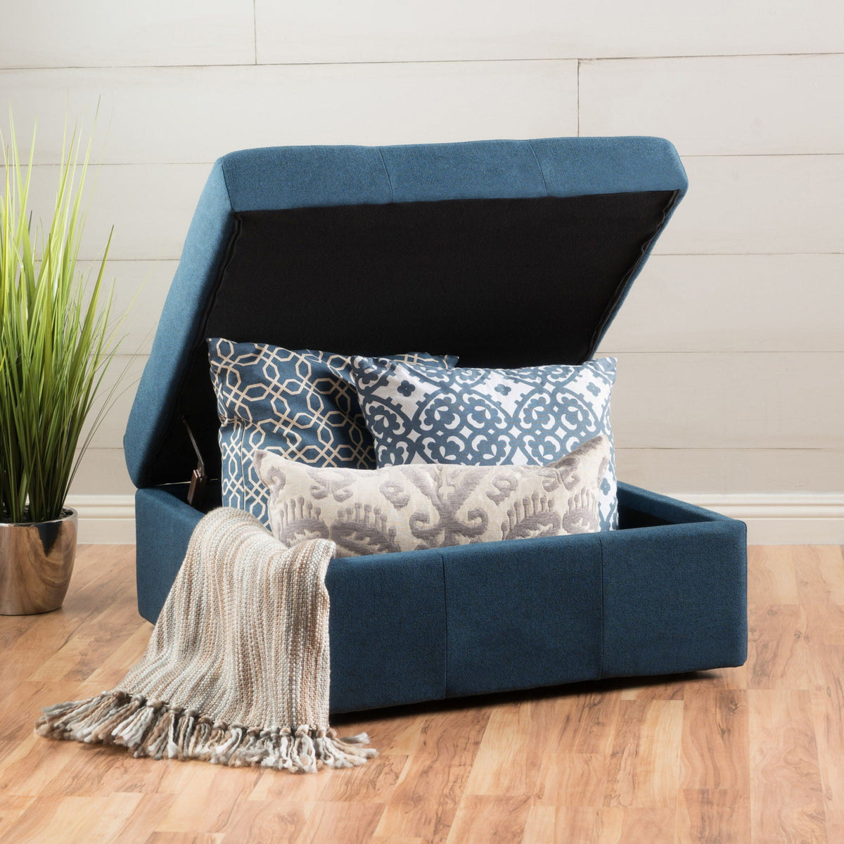Flip Top Ottoman Navy Blue with tufted waffle stitch and rolling casters by HouseOfZazla on Tampa Home & Garden Store