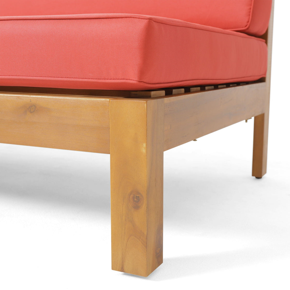 Brava X Back Corner Bench with Coffee Table red cushions on natural wood frame by HouseOfZazla on Tampa Home & Garden Store