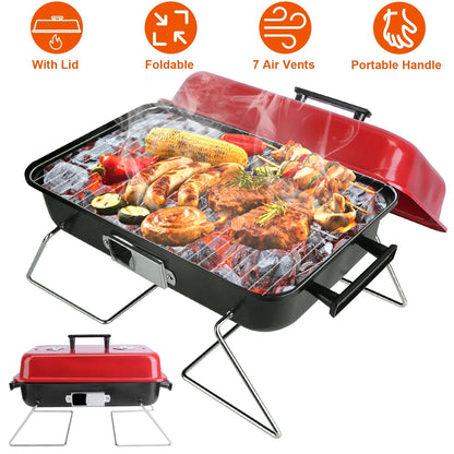 GemGear portable charcoal grill with red lid foldable legs cooking corn, sausages and kebabs on Tampa Home & Garden Store