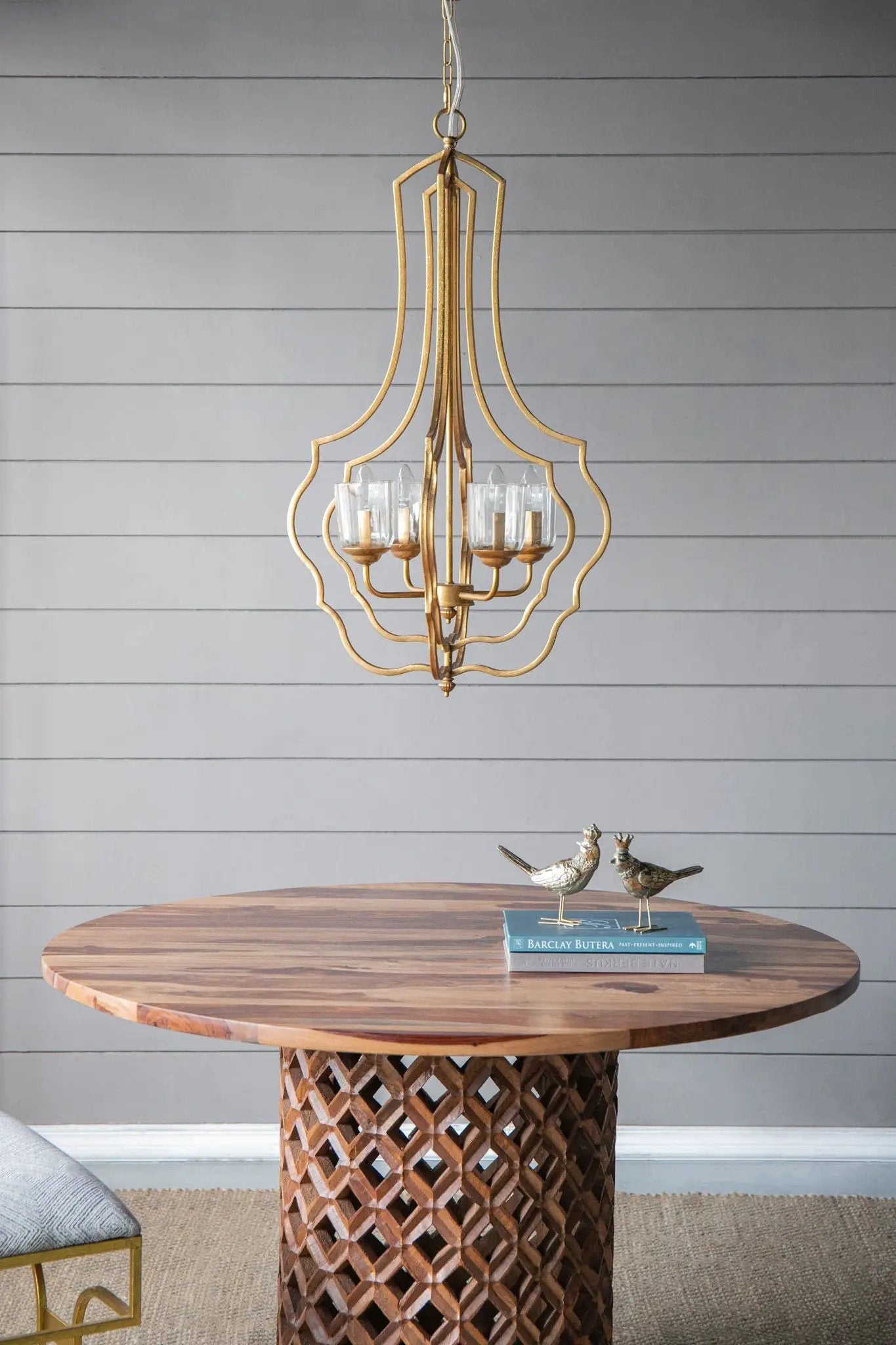 Gold 4-light metal chandelier with curved cage frame and glass cups, Unique Piece Furniture on Tampa Home & Garden Store