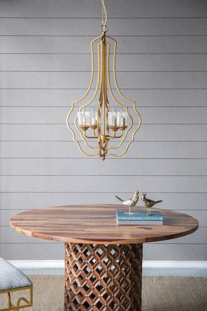 Gold 4-light metal chandelier with curved cage frame and glass cups, Unique Piece Furniture on Tampa Home & Garden Store