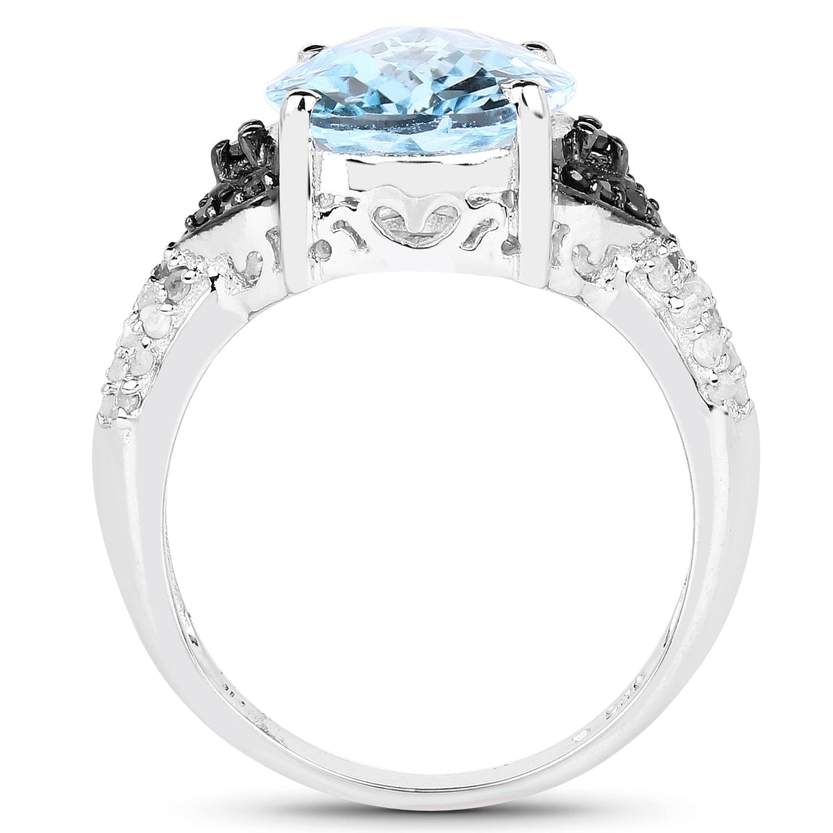 Ring, 5.37ct Swiss Blue Topaz center with black diamond & white topaz accents in sterling silver on Tampa Home & Garden Store