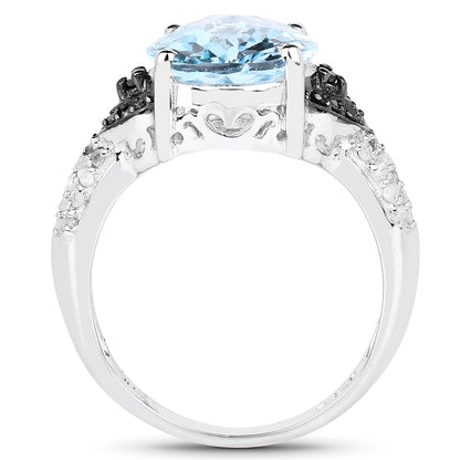 Ring, 5.37ct Swiss Blue Topaz center with black diamond & white topaz accents in sterling silver on Tampa Home & Garden Store