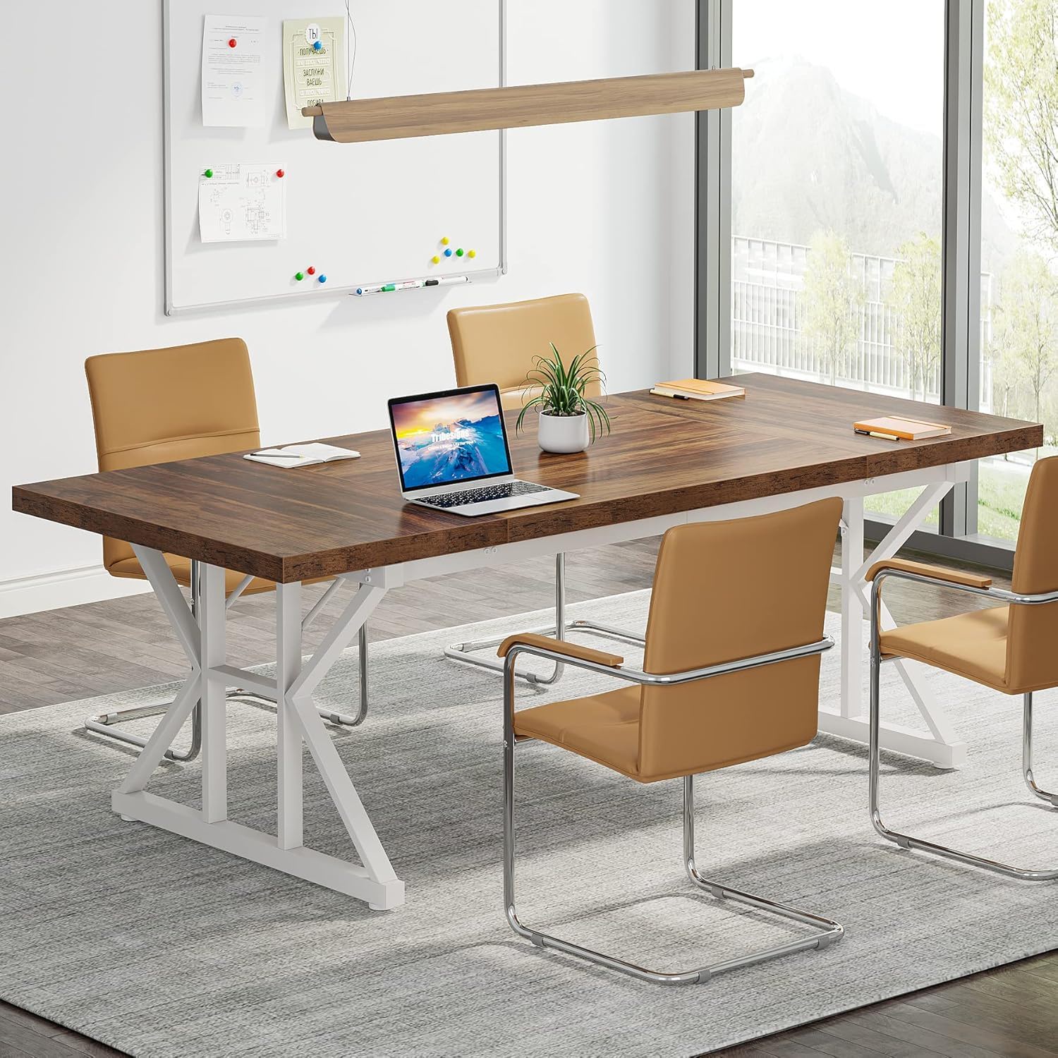 Rectangular dining table by HouseOfZazla with dark wood top and white X trestle legs on Tampa Home & Garden Store