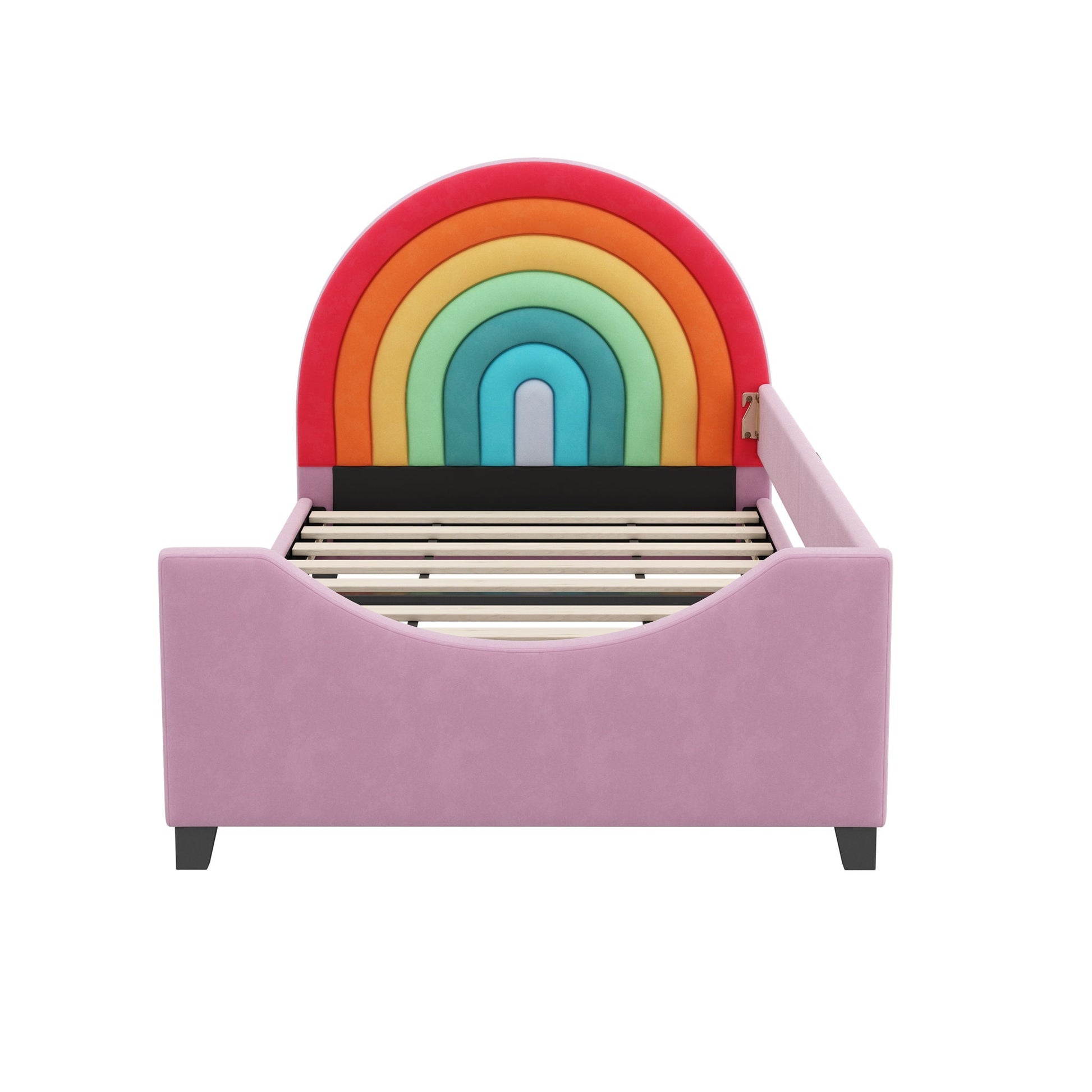 Rainbow upholstered twin daybed by HouseOfZazla with pink frame and rainbow arch headboard on Tampa Home & Garden Store