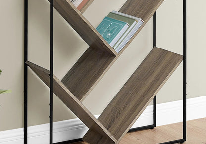 3-tier etagere bookcase with X-shaped diagonal brown wood slats and black metal frame on Tampa Home & Garden Store