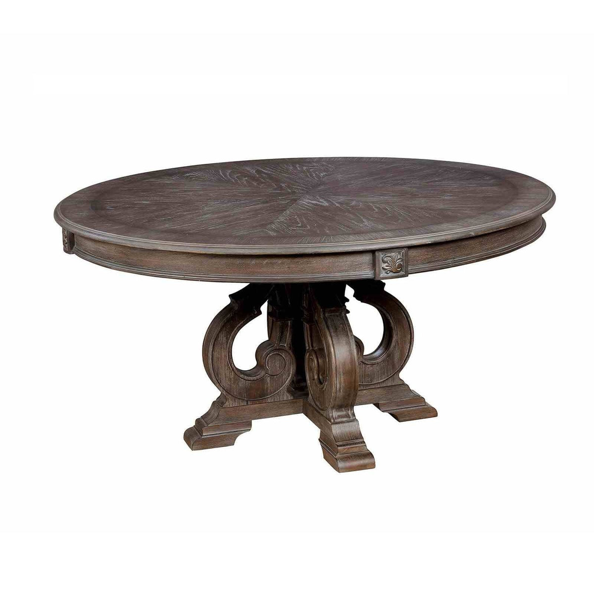 Round dining table by HouseOfZazla in dark brown wood with ornate carved pedestal base on Tampa Home & Garden Store