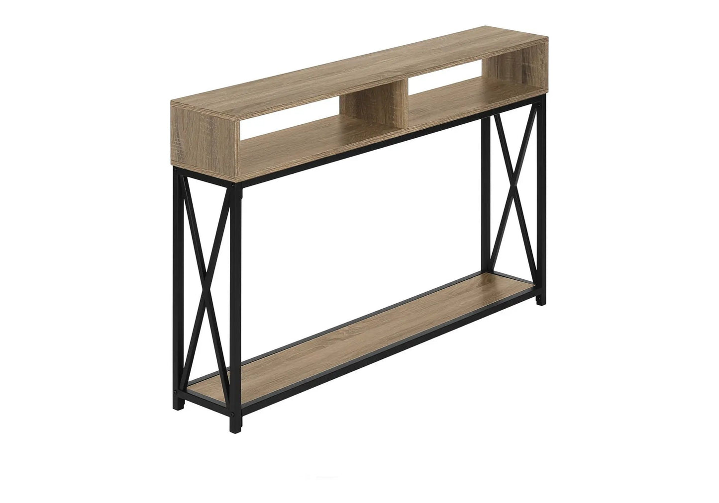Accent console table in wood with black metal frame and two cubbies Unique Piece Furniture on Tampa Home & Garden Store