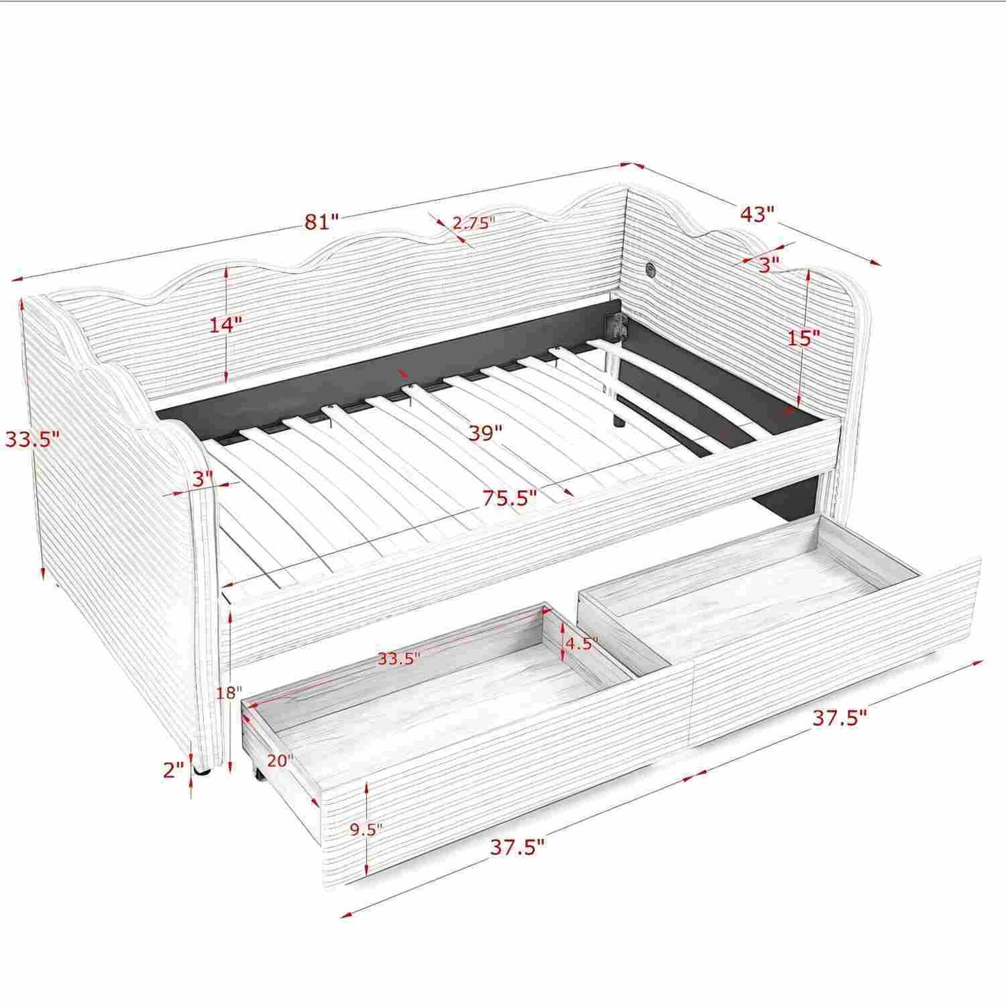 Gingham Daybed With Usb Port And The Wave Shape