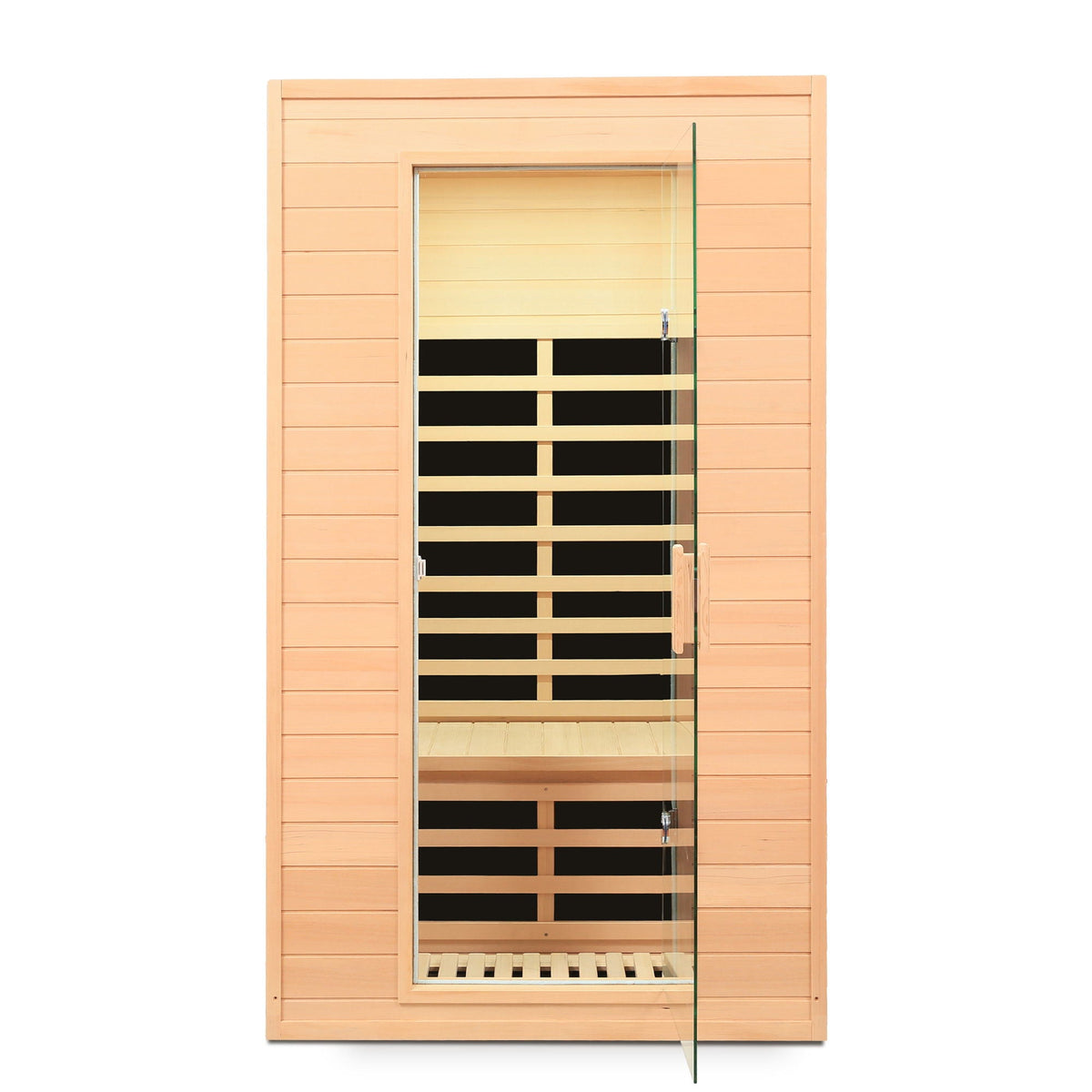 Hemlock far infrared indoor sauna room with LCD controls, light brown wood, glass door on Tampa Home & Garden Store