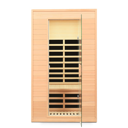 Hemlock far infrared indoor sauna room with LCD controls, light brown wood, glass door on Tampa Home & Garden Store