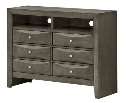 Media chest with modern beveled drawer fronts in dark wood finish, 6 drawers and 2 open shelves on Tampa Home & Garden Store