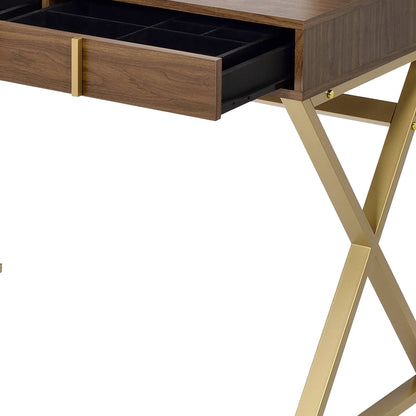 Vanity desk walnut finish with gold-tone metal legs and open drawer compartment on Tampa Home & Garden Store