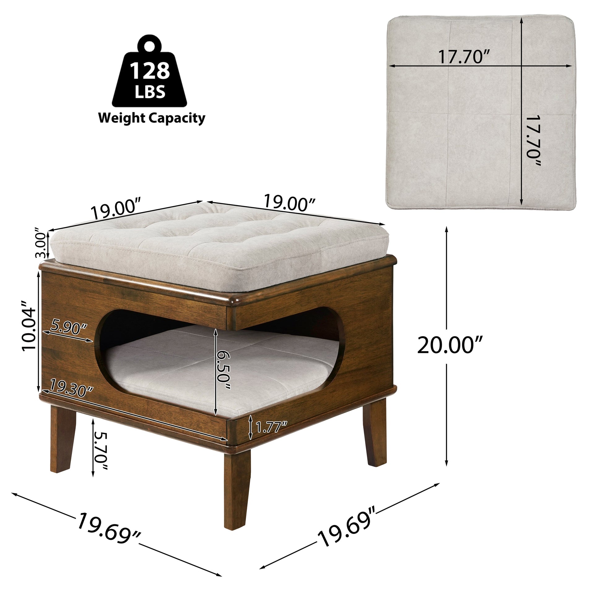 Letitia Rubber Wood Cat Bed Ottoman beige tufted cushion on rubber wood frame 128 lb capacity HouseOfZazla on Tampa Home & Garden Store