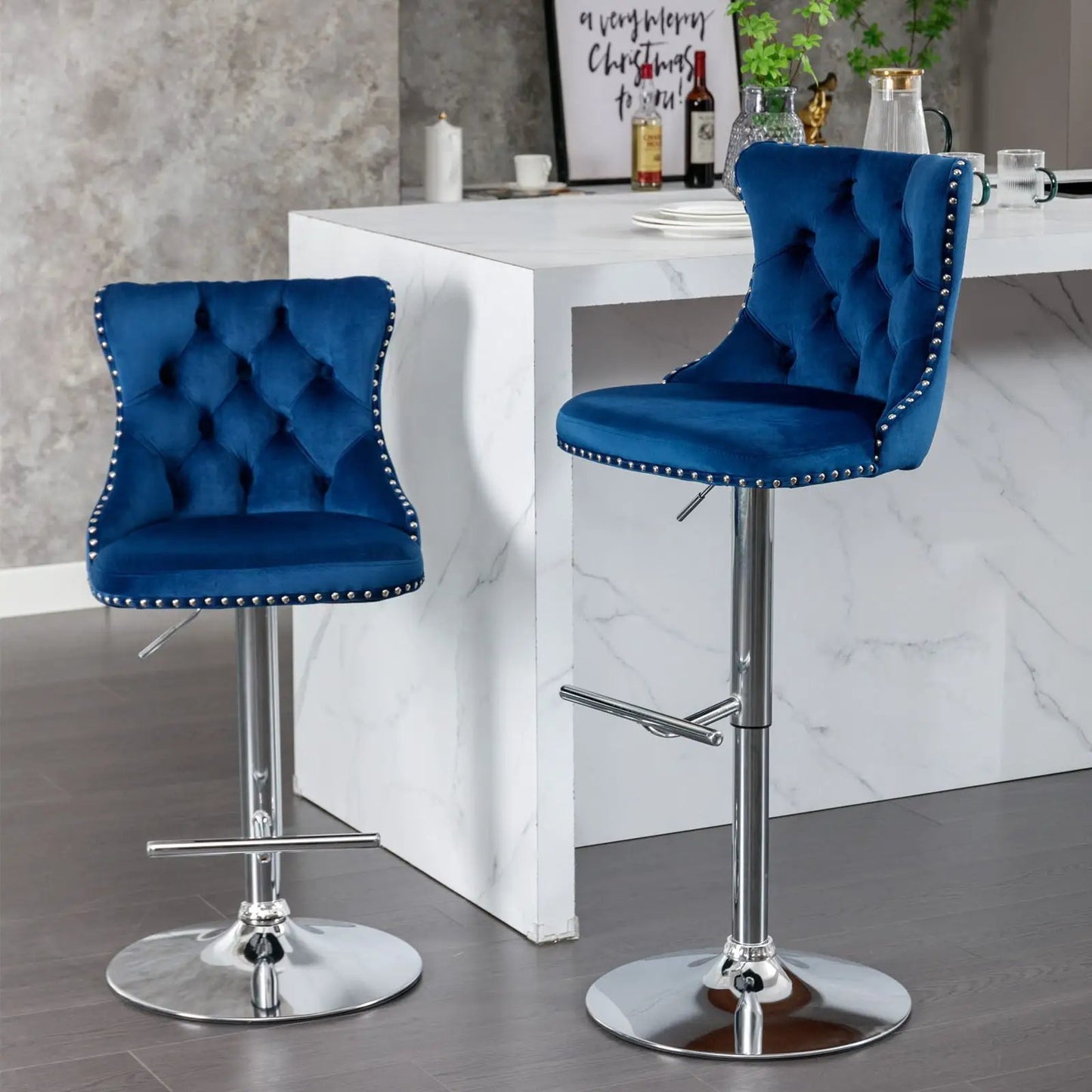Swivel bar stools blue velvet tufted backs, adjustable 25-33 in, chrome pedestal bases, set of 2 on Tampa Home & Garden Store