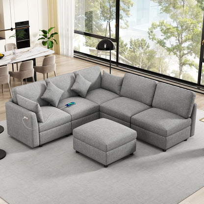 Sectional sofa by HouseOfZazla, grey fabric modular U-shaped with ottoman and USB ports, set on Tampa Home & Garden Store
