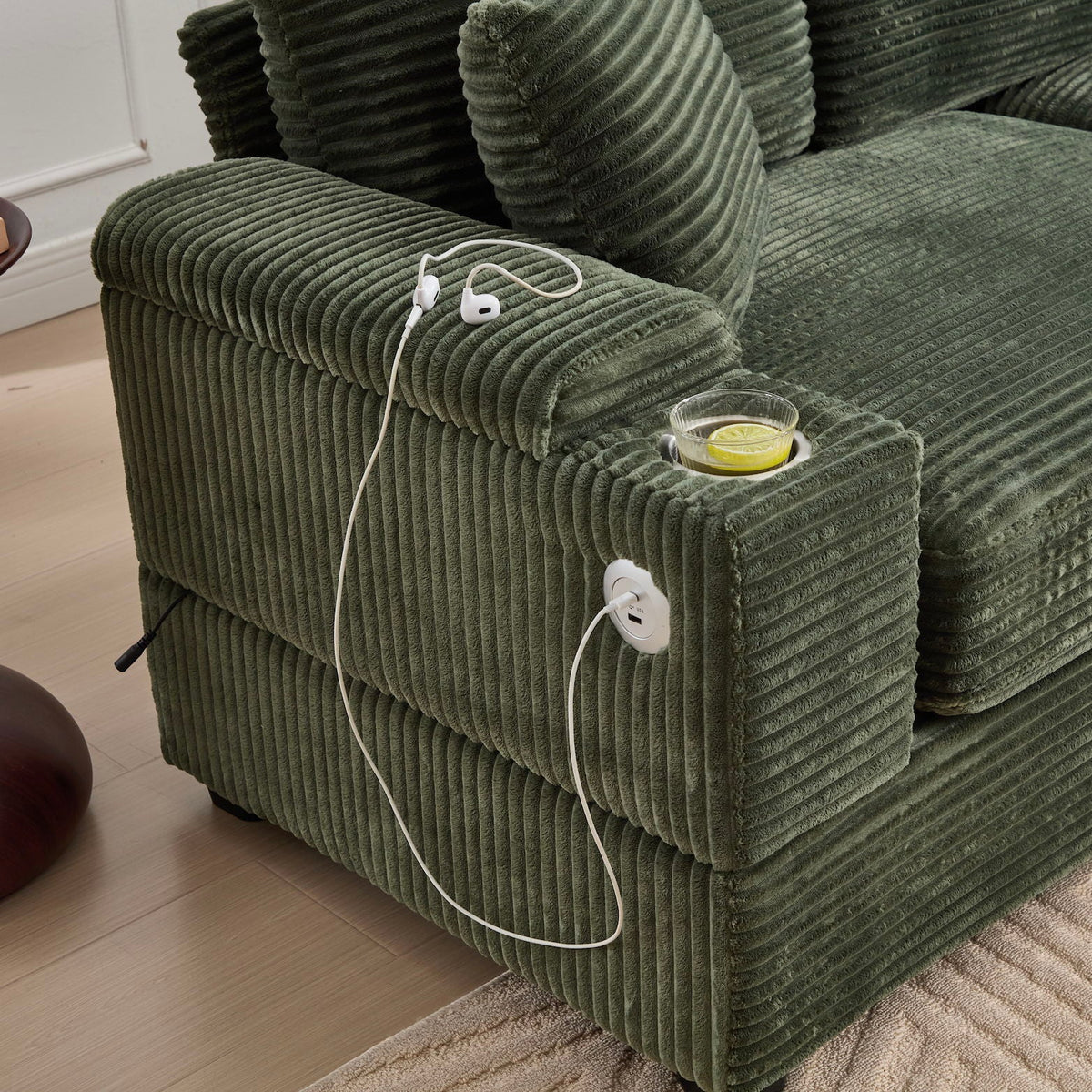 Convertible sectional sofa green corduroy with armrest storage, USB, cup holder on Tampa Home & Garden Store