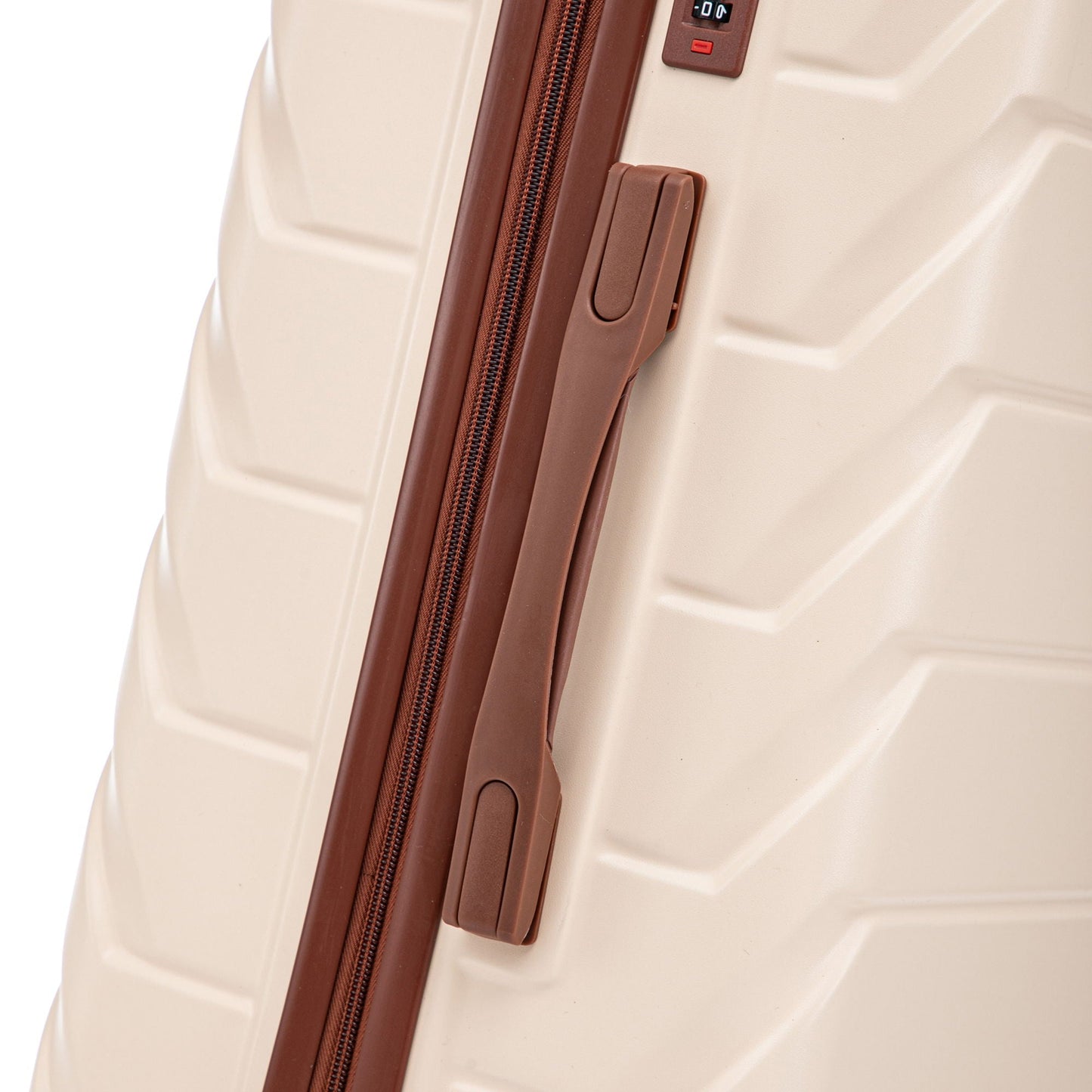 Luggage set, 3-piece tan with brown zipper trim and combo lock, close-up on Tampa Home & Garden Store