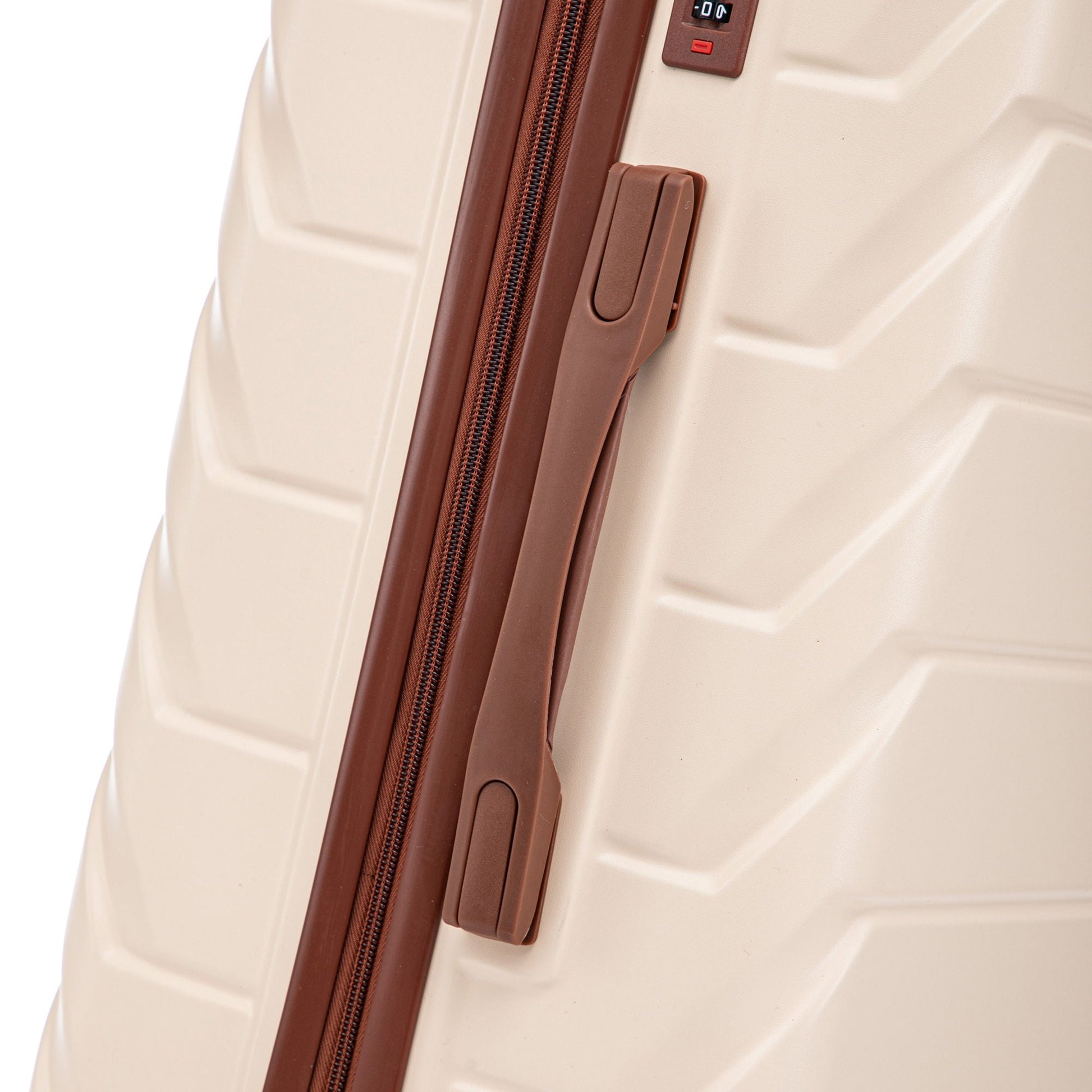 Luggage set, 3-piece tan with brown zipper trim and combo lock, close-up on Tampa Home & Garden Store
