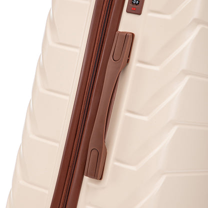 Luggage set, 3-piece tan with brown zipper trim and combo lock, close-up on Tampa Home & Garden Store