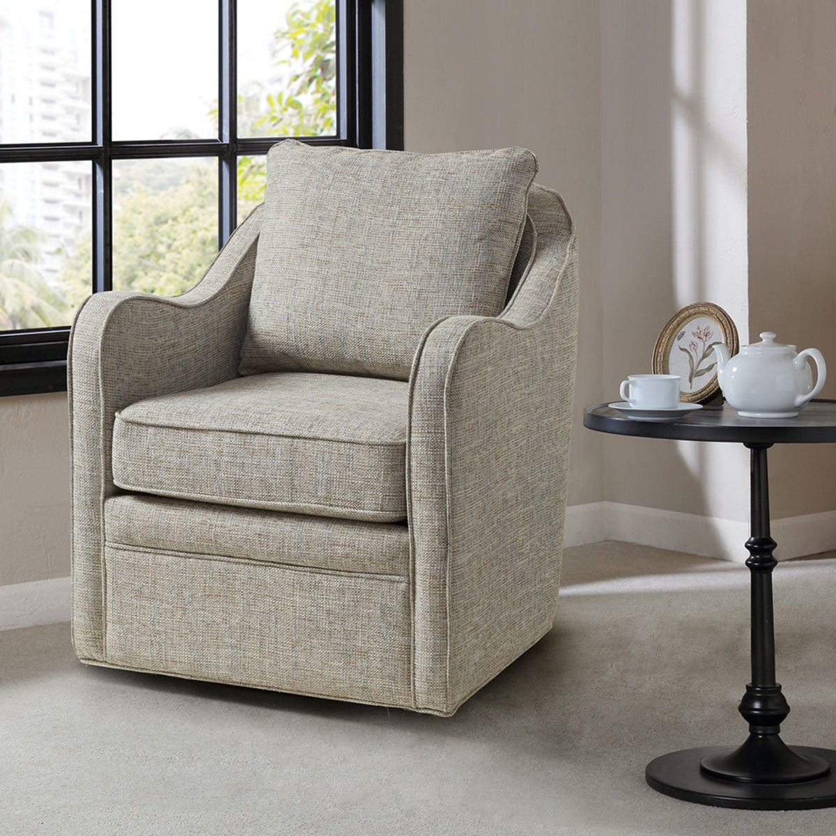Wide Seat Swivel Arm Chair beige fabric 360 Degree Rotation HouseOfZazla on Tampa Home & Garden Store