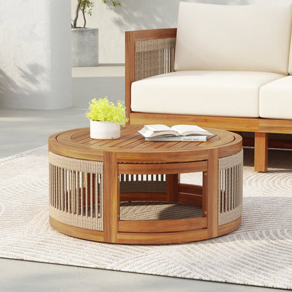 27.95-inch acacia wood outdoor coffee table with handwoven rope accent, round slat top on Tampa Home & Garden Store