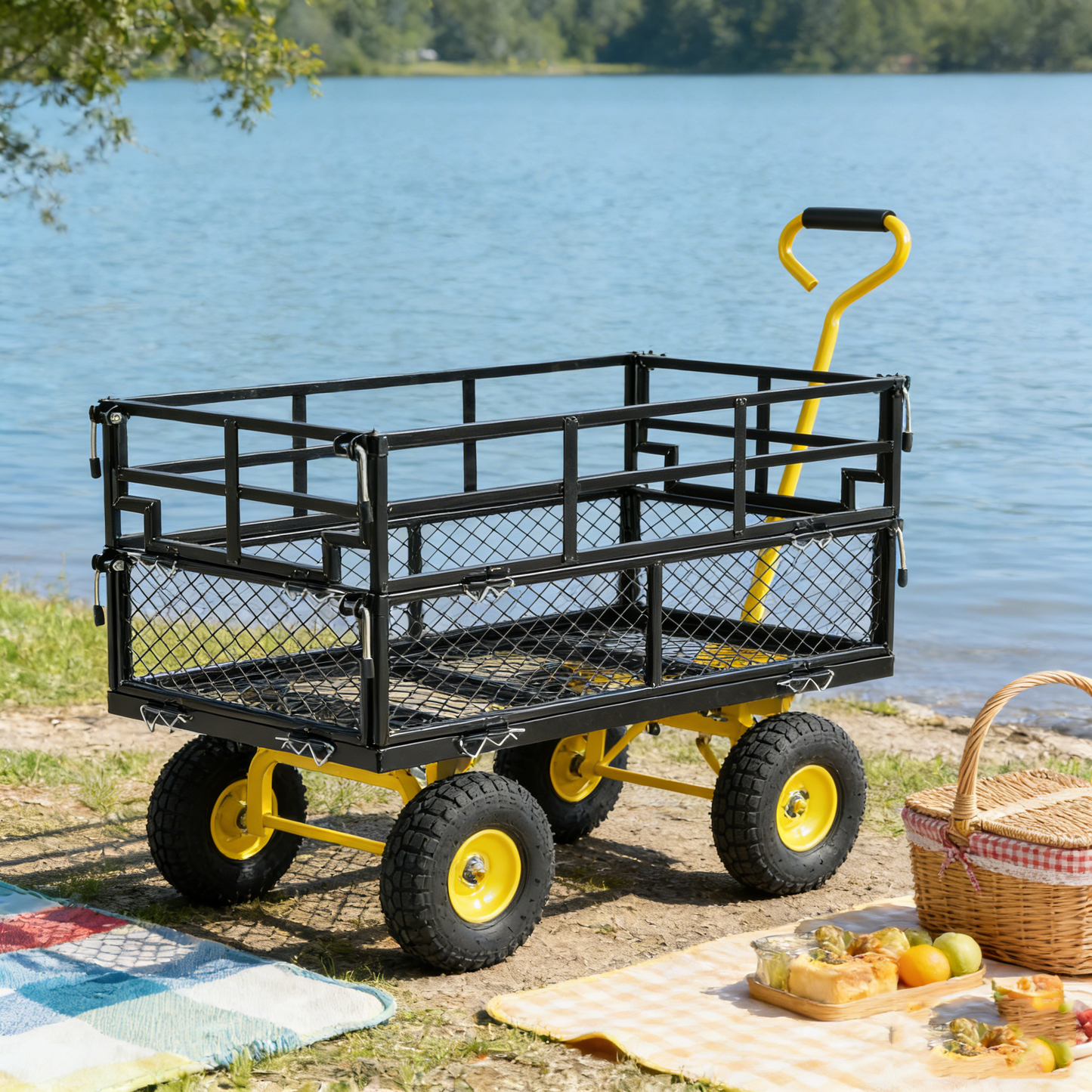 Wagon cart outdoor wagon with black metal frame and bright yellow wheels and curved handle on Tampa Home & Garden Store