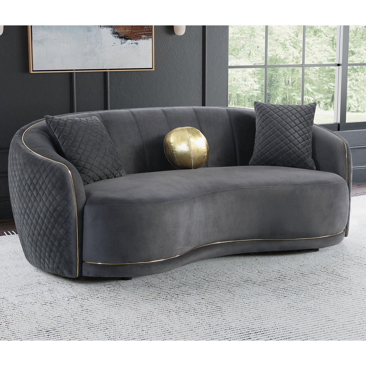 Luxe upholstered curved sofa with diamond quilting, gray velvet, gold piping, 2 cushions on Tampa Home & Garden Store