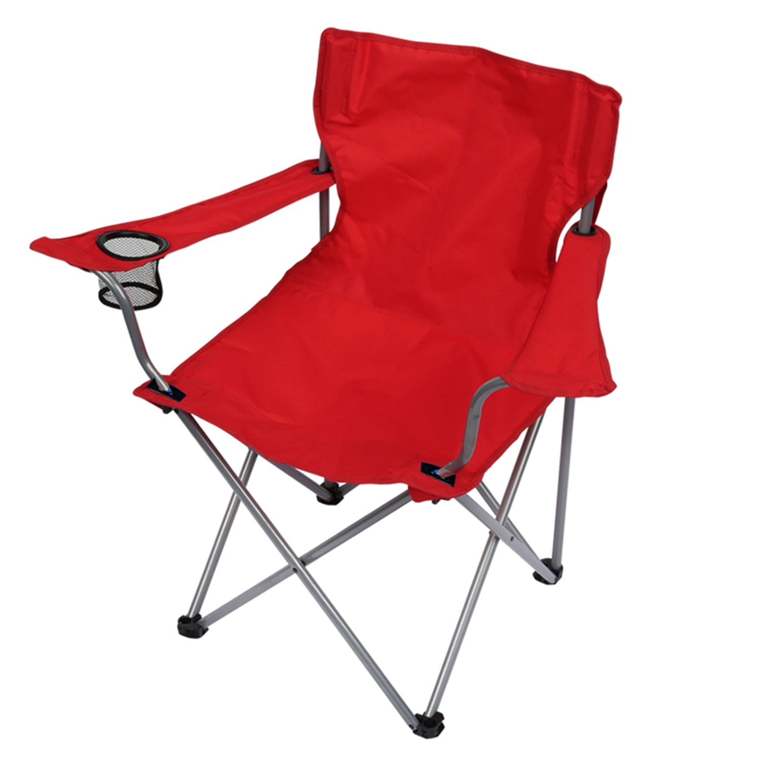 Red foldable camping chair with cup holder on left armrest and light steel frame on Tampa Home & Garden Store