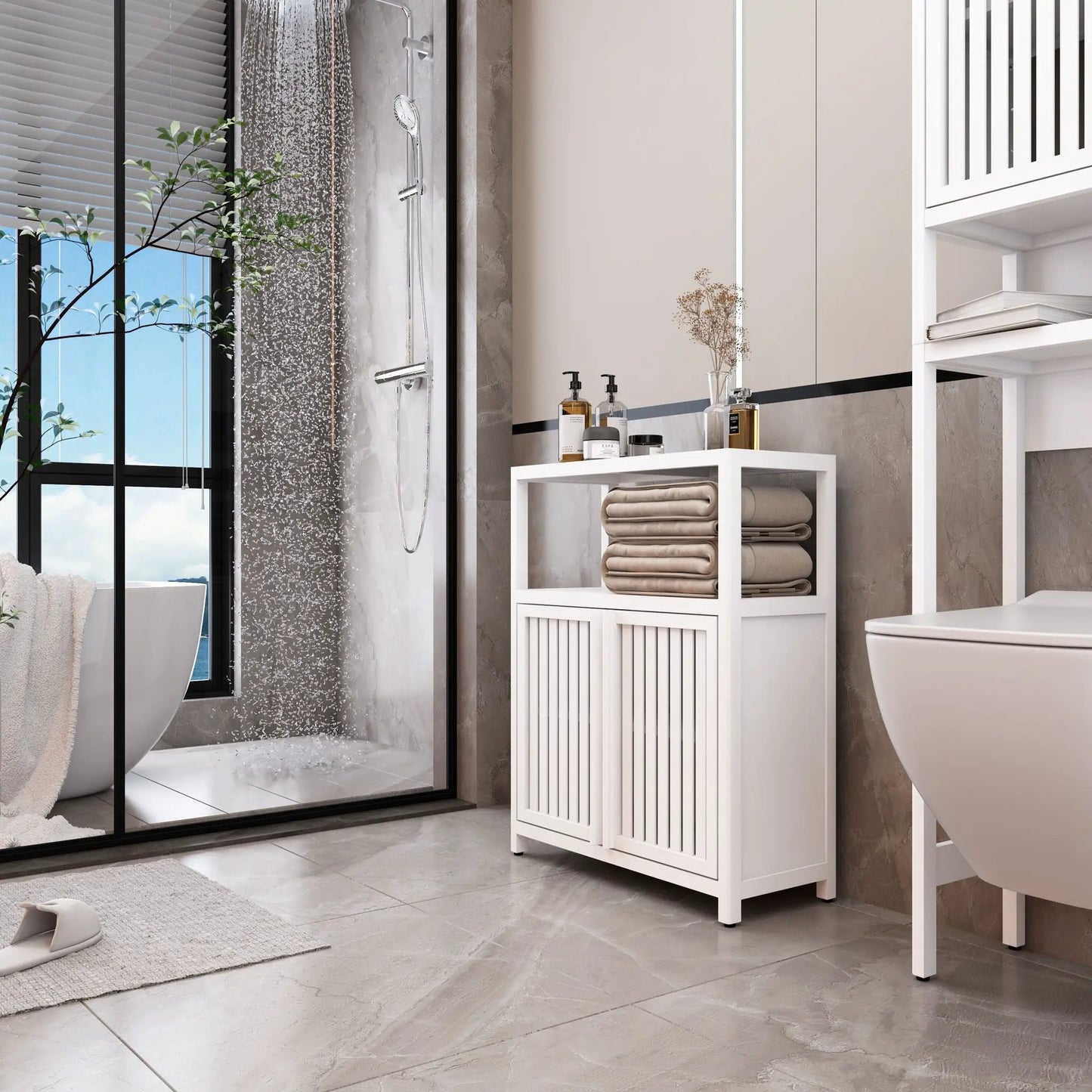Bamboo Storage Cabinet With Shelves White