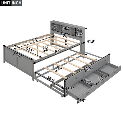 Platform bed with storage headboard, USB, and trundle with 3 drawers in gray HouseOfZazla on Tampa Home & Garden Store