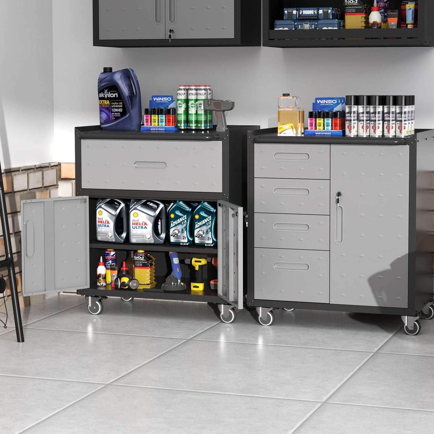 Sturdy metal tool storage cabinet with wheels in gray steel by HouseOfZazla for garage on Tampa Home and Garden Store