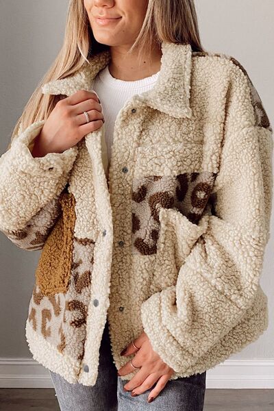 Stevvex beige leopard print sherpa jacket with collared neck and functional pockets on Tampa Home & Garden Store