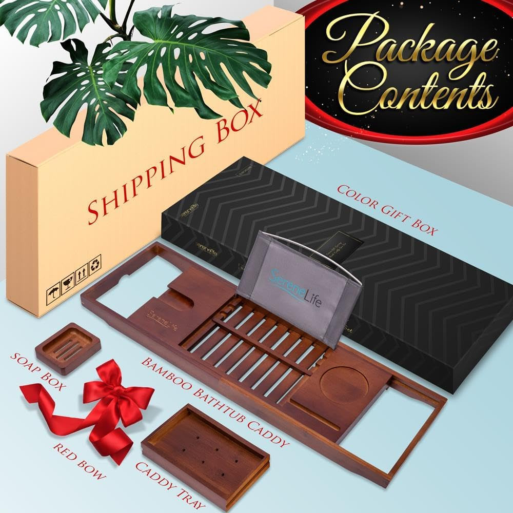 Bamboo Bathtub Caddy Tray – Expandable Waterproof Bath Tray with Wine Glass Holder, Tablet Stand & Removable Accessory Slots – Eco-Friendly, Adjustable & Durable