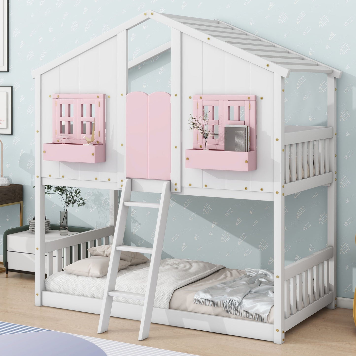 House bunk bed with roof, white frame, pink window boxes and shutters, guardrails and ladder on Tampa Home & Garden Store