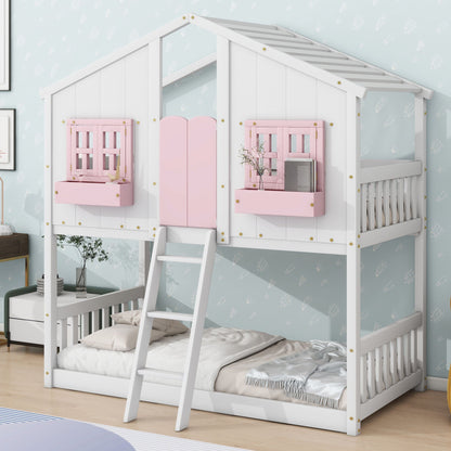House bunk bed with roof, white frame, pink window boxes and shutters, guardrails and ladder on Tampa Home & Garden Store