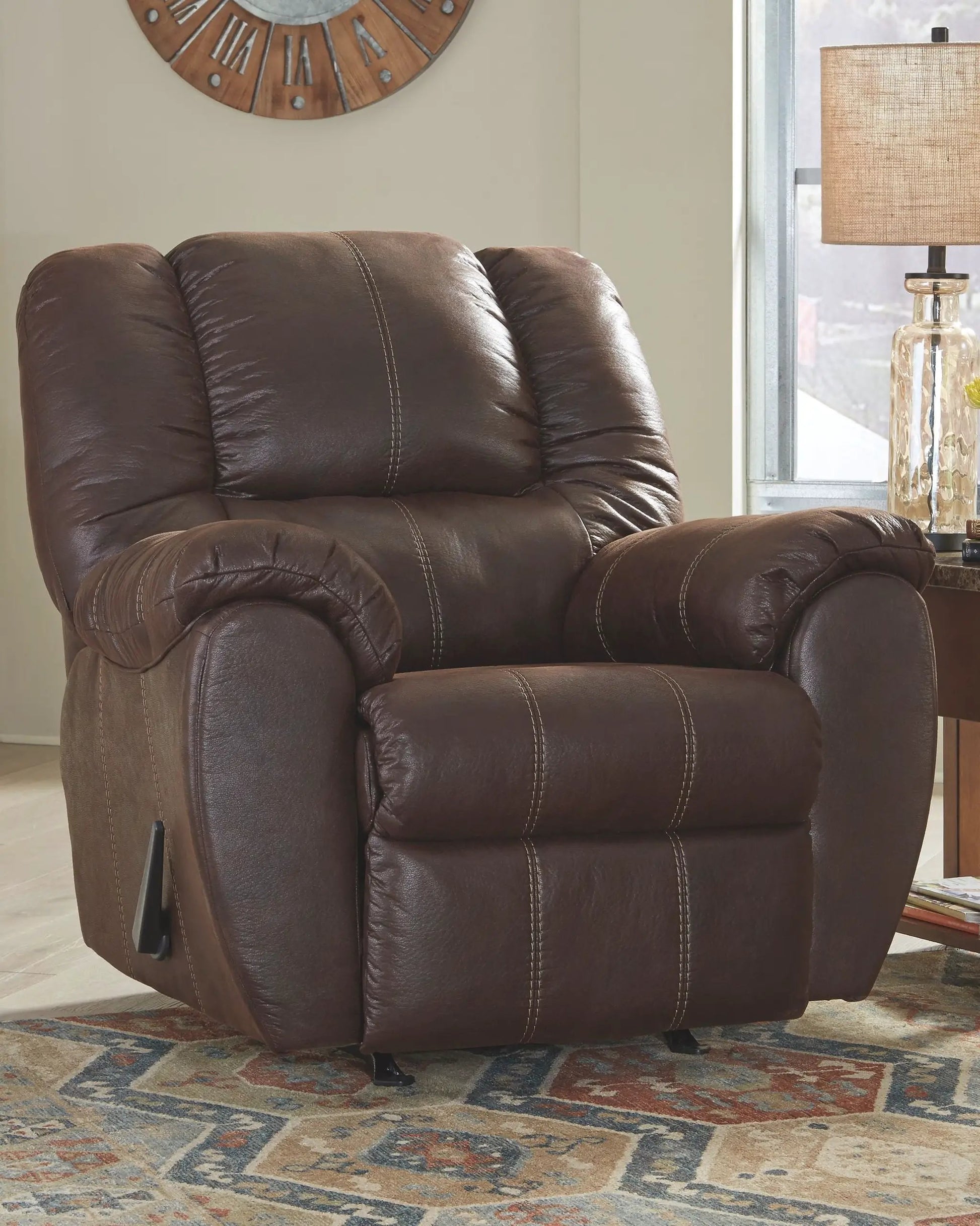 McGann Rocker Recliner dark brown leather with contrast stitching Unique Piece Furniture on Tampa Home & Garden Store