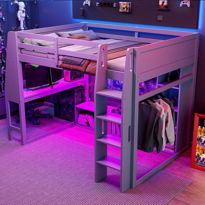 Full-size gray gaming loft bed with desk, shelves, LED lighting, and hanging clothes rack on Tampa Home & Garden Store