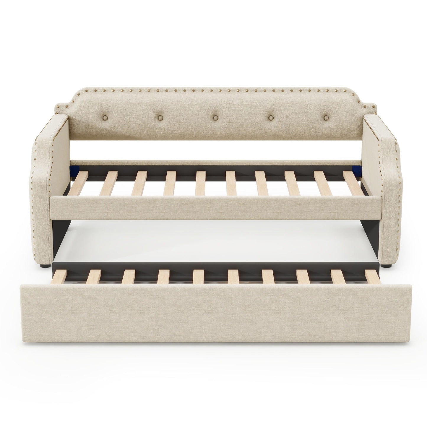 Upholstered daybed with trundle in beige fabric, nailhead trim on back and arms, wood slats on Tampa Home & Garden Store