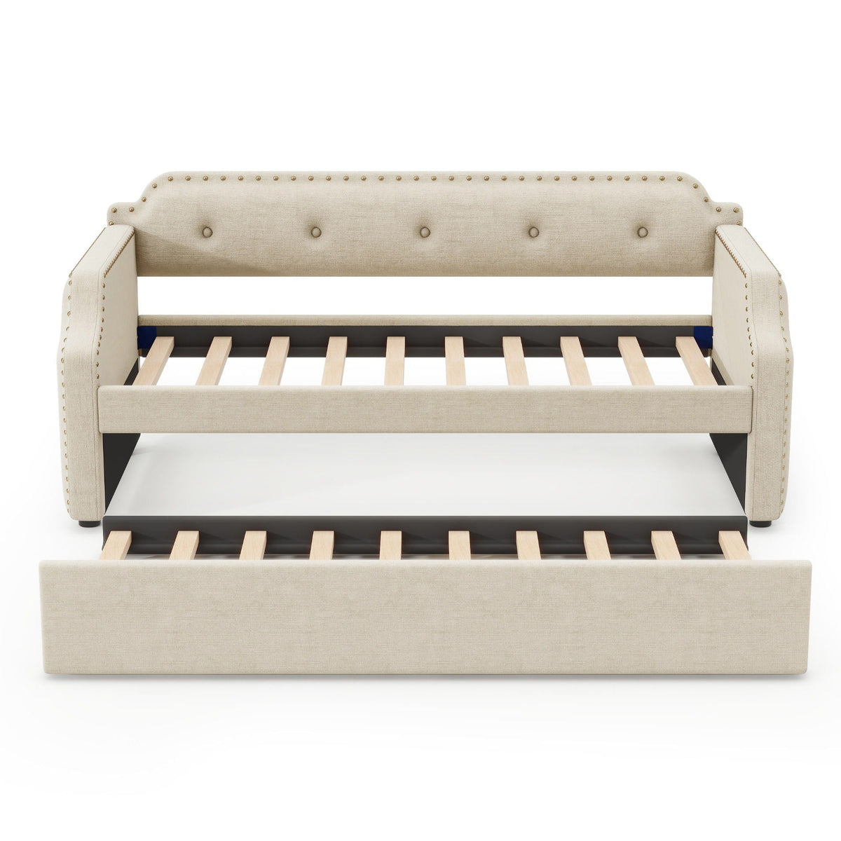 Upholstered daybed with trundle in beige fabric, nailhead trim on back and arms, wood slats on Tampa Home & Garden Store