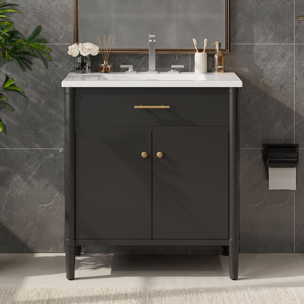 Bathroom Vanity With Sink dark gray cabinet, white countertop, brass hardware on Tampa Home & Garden Store