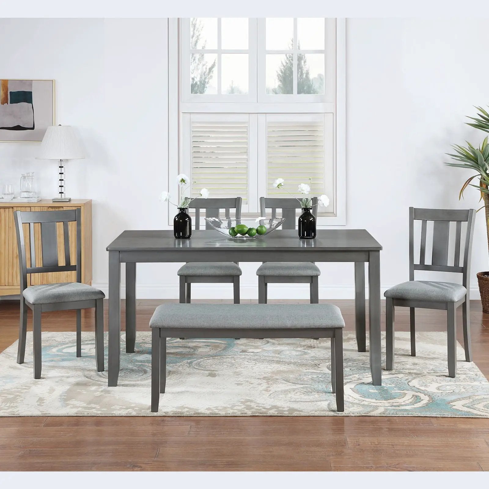 Kitchen Dining Set 6-Piece gray rectangular dining table with upholstered chairs and bench on Tampa Home & Garden Store