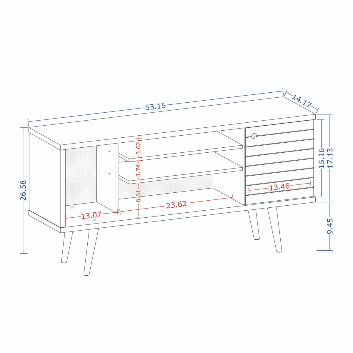 Smart Storage TV Stand with Solid Wood Legs in multiple colors by HouseOfZazla blueprint on Tampa Home & Garden Store