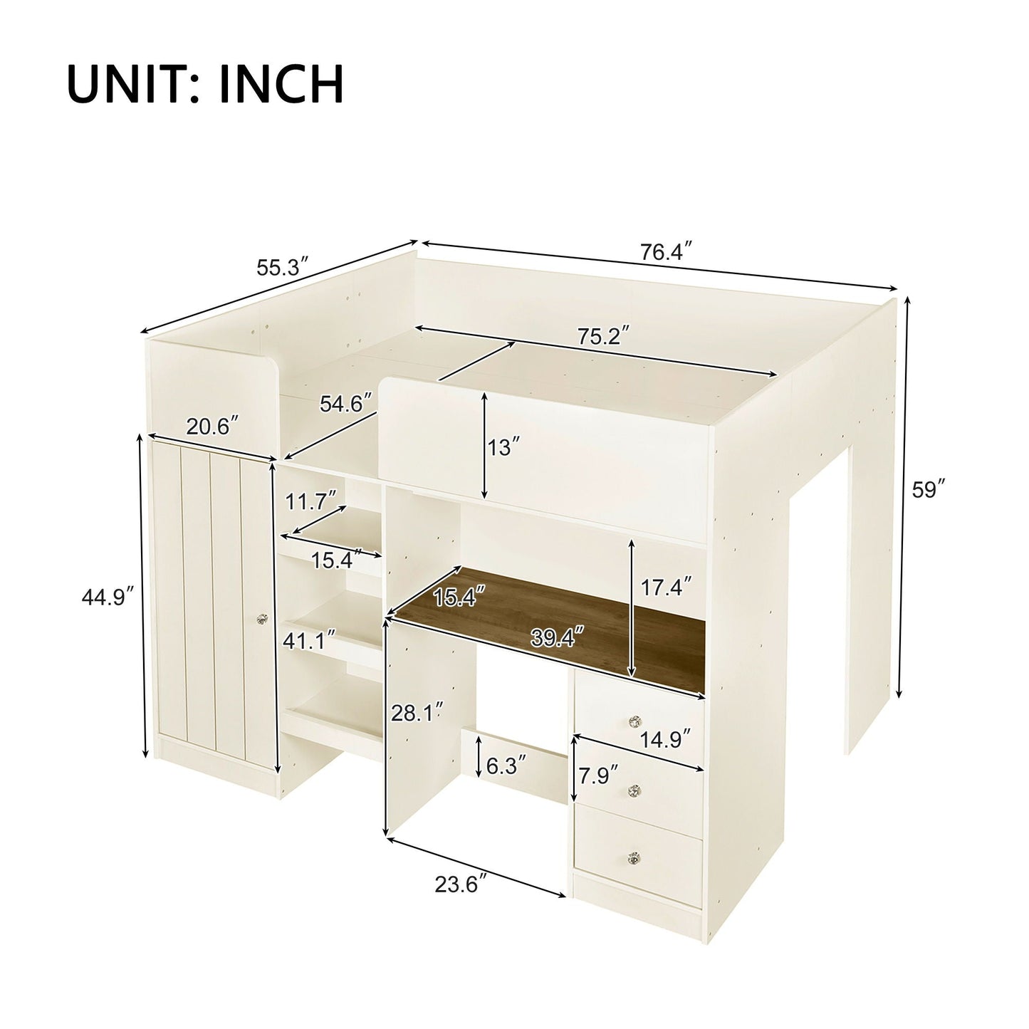 Loft bed with built-in wardrobe, desk, shelves and drawers in white by HouseOfZazla on Tampa Home & Garden Store