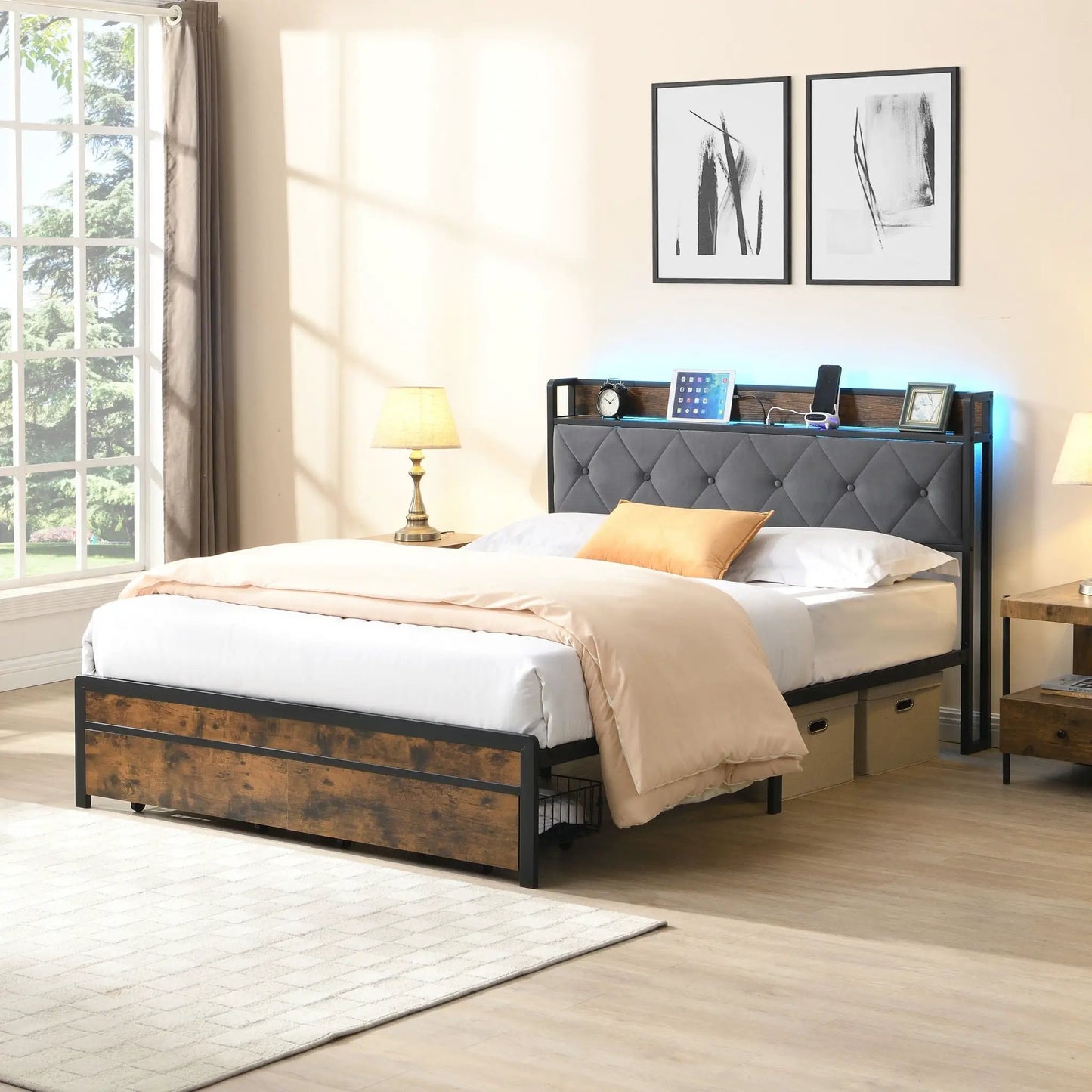 Led Bed Frame With Usb Charging and Storage